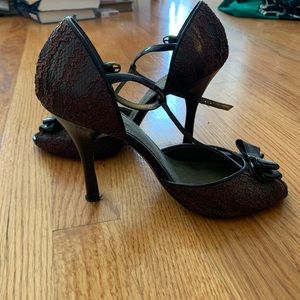 Linea Paolo Brown patent/lace peep toe Mary Janes